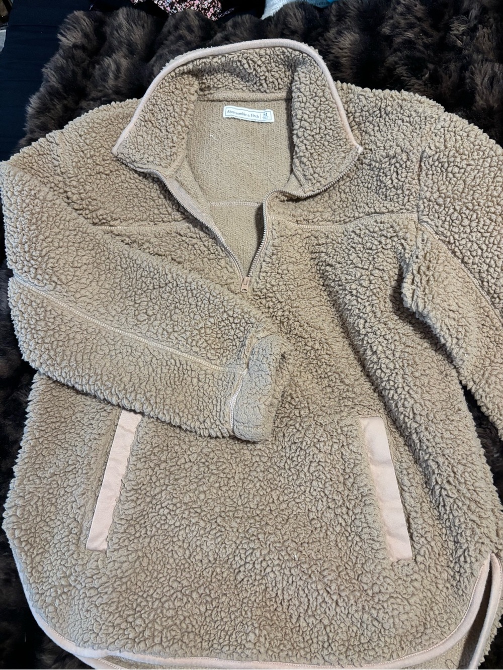 Abercrombie & Fitch Taupe Sherpa Half-Zip Pullover Jacket